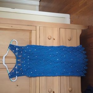 Blue summer dress with gems and crochet details